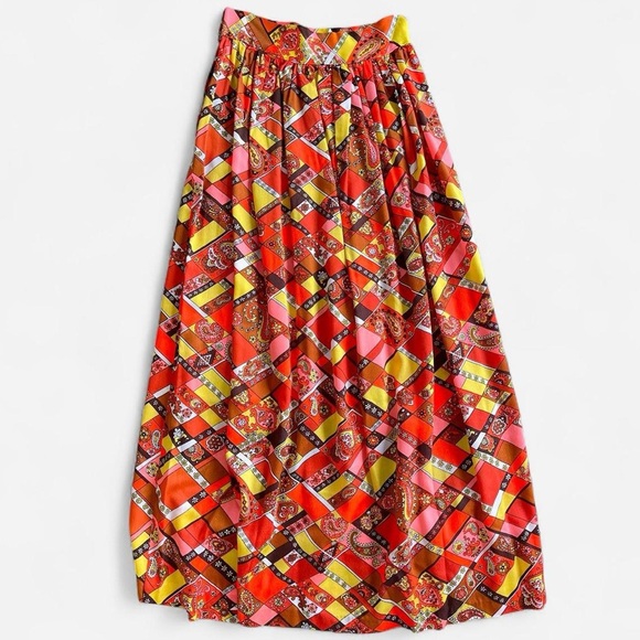 Vintage Retro 60s 70’s Polyester Paisley Orange Yellow Pink Brown A-Line Skirt - Picture 8 of 8